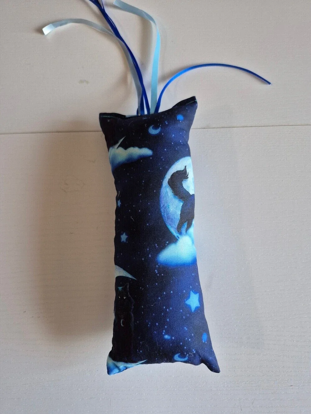 Black cat in moon Cat-nip cat kicker toy stuffed w/ fluff & ribbons for fur baby